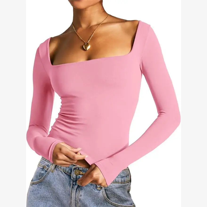 New Women's Square Ne T-irt Top Cute Sle Long Sve ort Length Slim Fit Faionable Top for Ladies Autumn Season