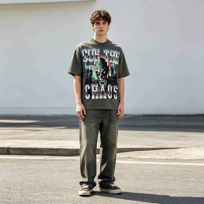 Monster-Schrei-Grafik-T-Shirt für Herren, Strass-Verzierung, Pink Tie-Dye, Oversized Punk Gothic Vintage Streetwear T-Shirt, Washed-Look – Detail 5