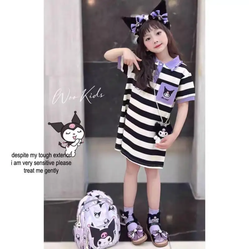 Half Sleeve Dress Sanrio Cinnamoroll Kuromi Spring Summer Casual Style Fashion Cartoon Kawaii Bow Casual Girl Lapel Stripe Skirt