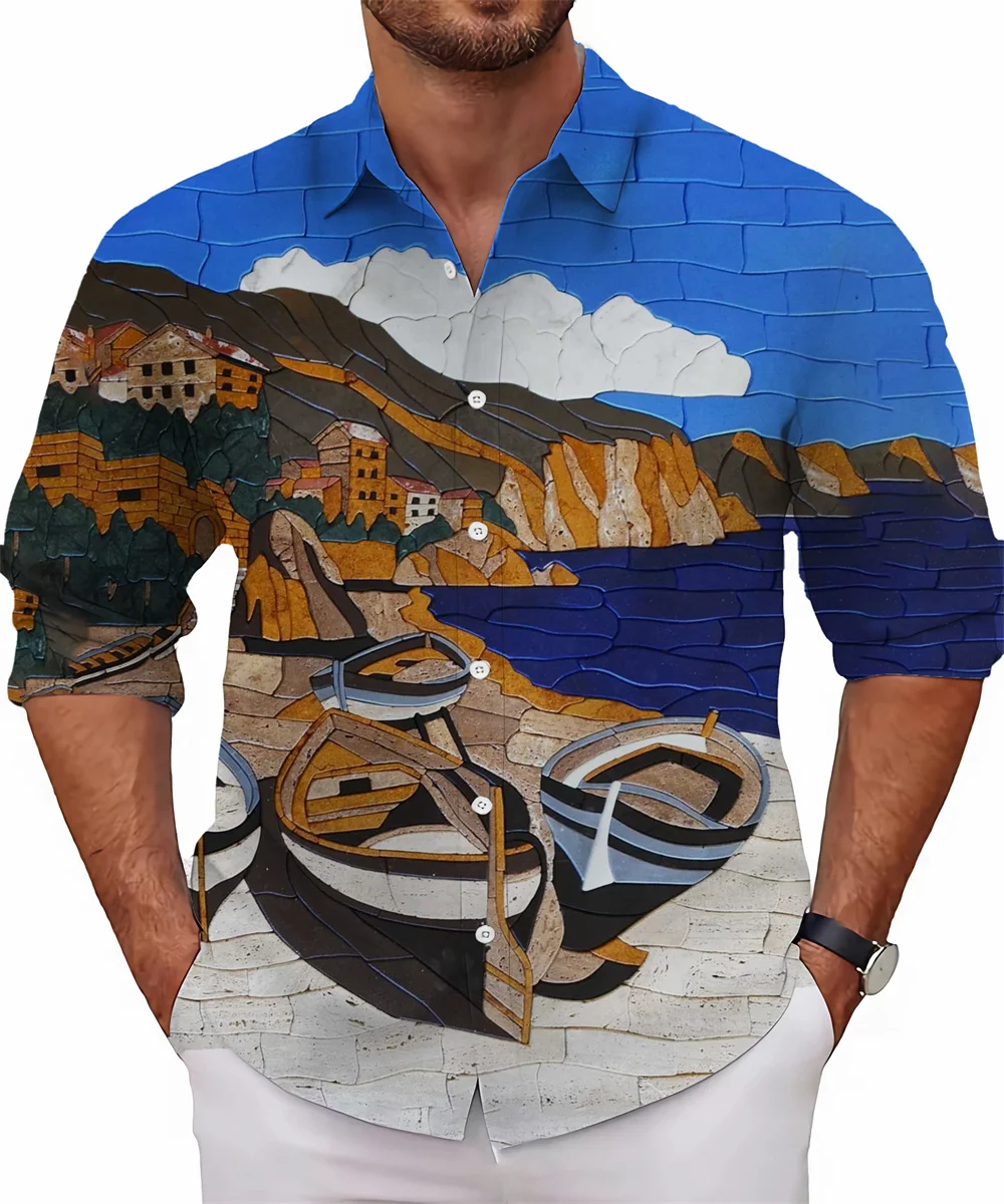 New style printed landscape graphic shirt men's long sleeve casual shirt fashion street high-end large size men's clothing 6XL