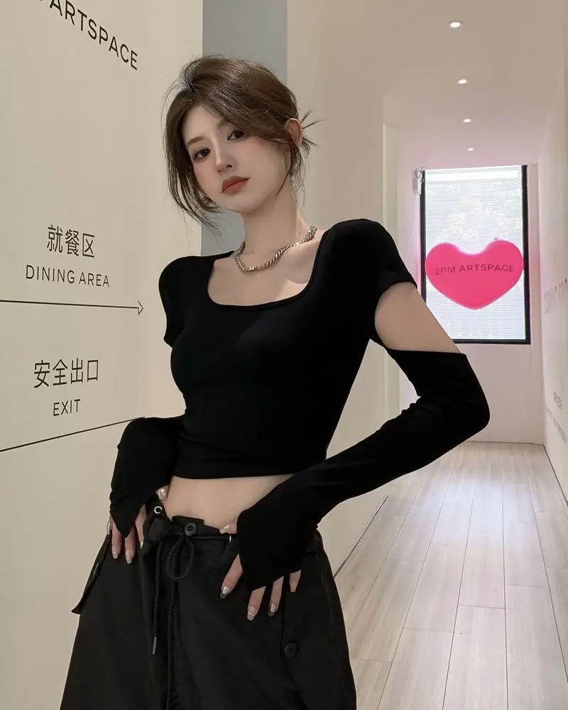 Autumn Chic Square Neck Sleeves Hollowed Out Thin Shirt Ins Shoulder Padded Y2k Kpop Cropped Tops