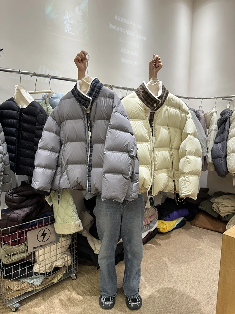 90 piumino da donna con colletto spesso in piumino d'anatra bianca in autunno e inverno, versatile giacca in colore a contrasto