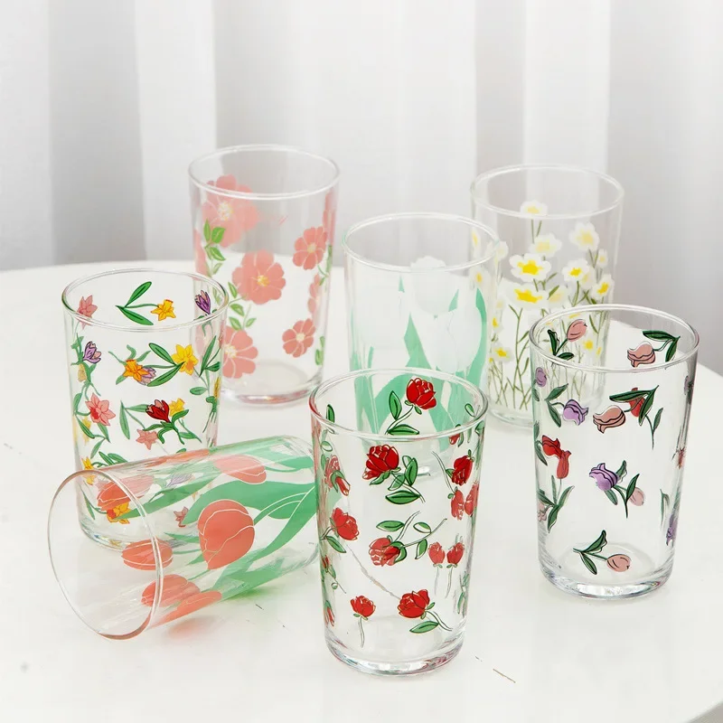 7 Flower Patterns 300Ml Korean Tulip Daisy Wine Glass Juice Cup Printing Rose Cosmos Flower Creative Tumbler Drinking Set Gift