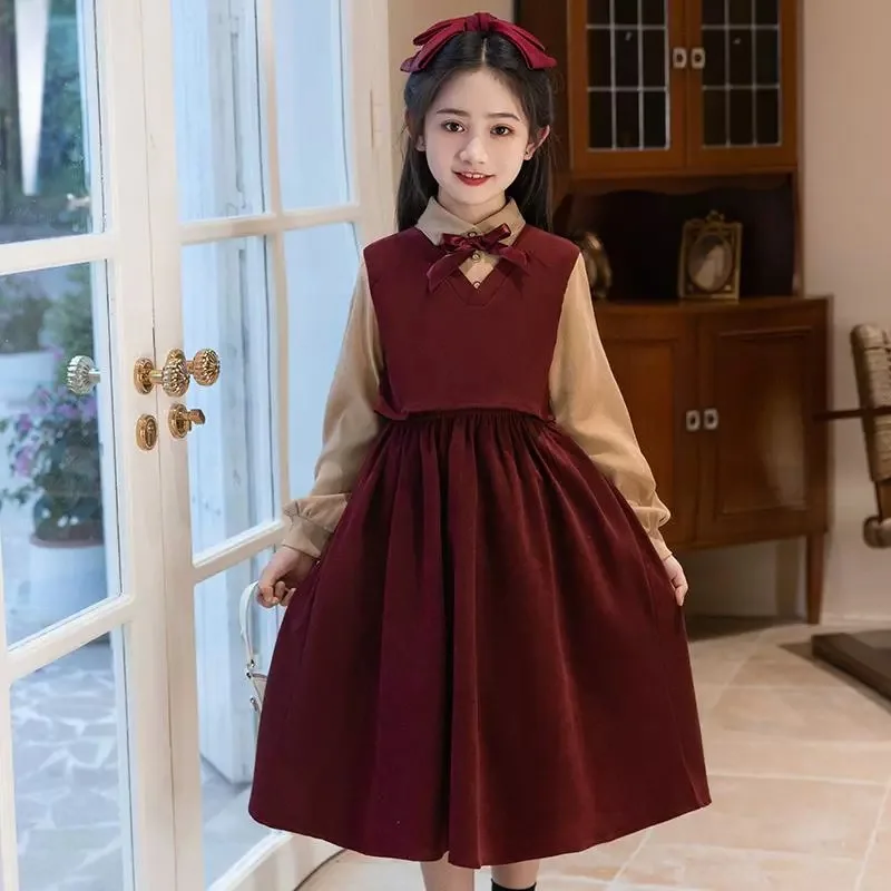 

Fashion A-LINE Children Long Sleeve Shirt Collar Splicing Fake Two Piece Dresses Girls Dress Spring Autumn Kids Party Clothing