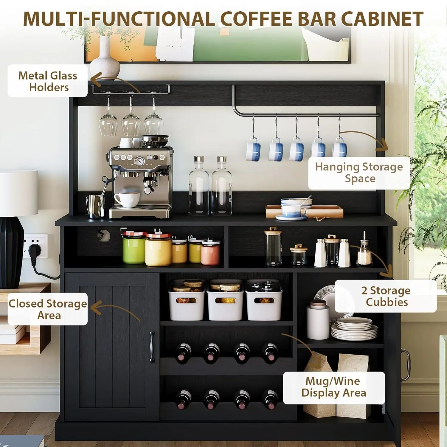 Armário de Café Estilo Fazenda de 47 polegadas com 5 Ganchos, Armário Buffet com Tomadas, Suporte para Taças, Personalizado