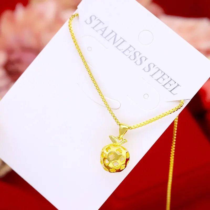 

9999 Real Gold 24K Japanese Korean Fashion Women's Hollow Apple Collarbone Necklace European and American Christmas Peace Fruit