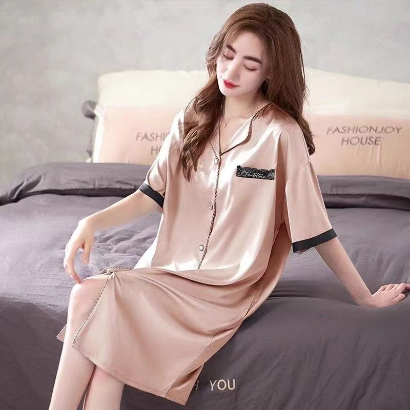  Sleeping skirt for women in summer, thin ice silk short sleeved shirt skirt, imitation silk sleepwear, silk home clothes 