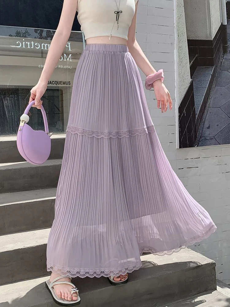 

Новая женская летняя юбка из кружевного шифона, свободная, повседневная, элегантная, с высокой талией, А-силуэт, плиссированная, с лоскутным узором, для офиса