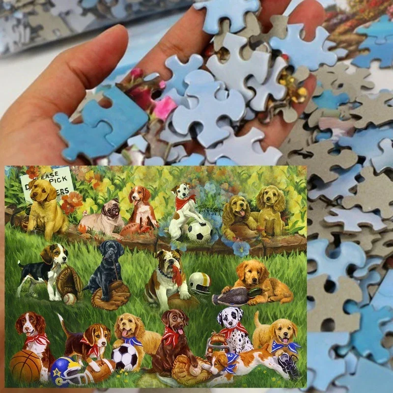 Premium Greyboard 1000P Large Jigsaw Puzzle, Cute Busy Dogs Playing on Grass, Fun Family Game Night Toy