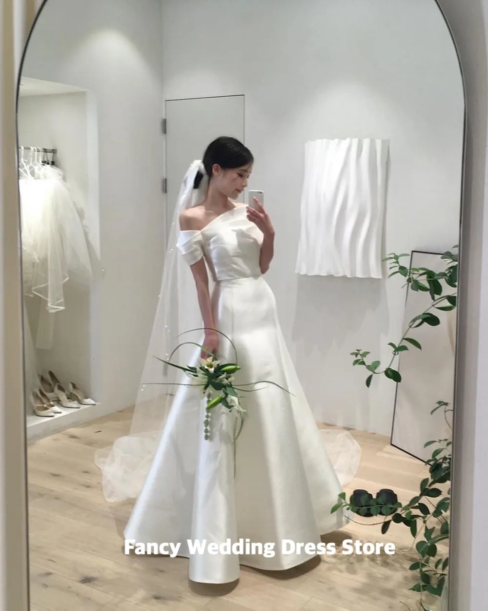 Fancy Elegant One Shoulder Wedding Dress Korea Photo Shoot Soft Satin Floor Length Bridal Gown Short Sleeve 웨딩드레스