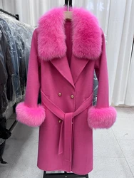 2025 Nieuwe Vrouwen Winterjassen Kasjmier Schapenwol Blends Echte Natuurlijke Vos Bontkraag Manchet Riem Slanke Stijl Vrouwelijke Herfst Bovenkleding