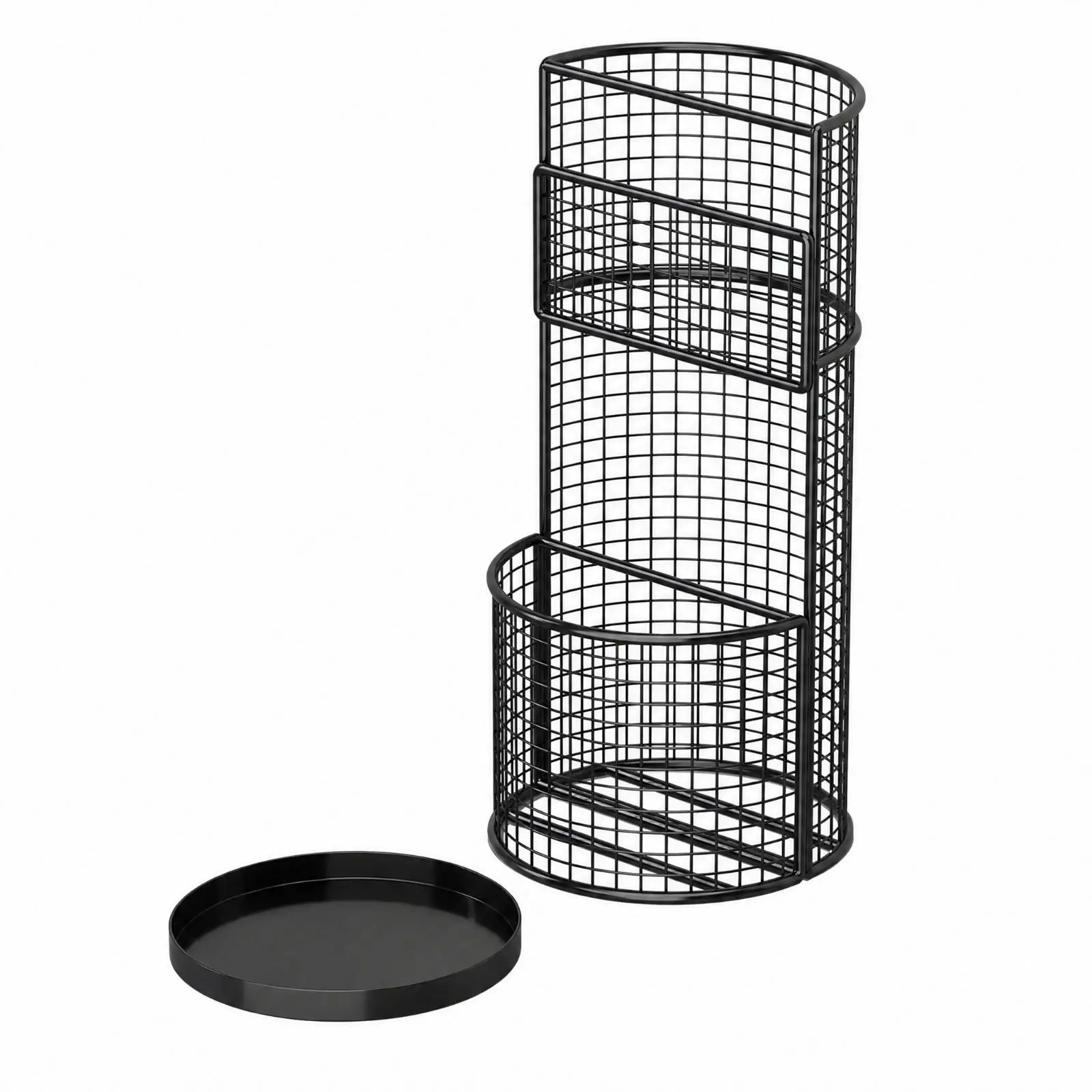 Metal Umbrella Rack with Two Tier Storage Compartments and Removable Drip Tray for Hallway Organization