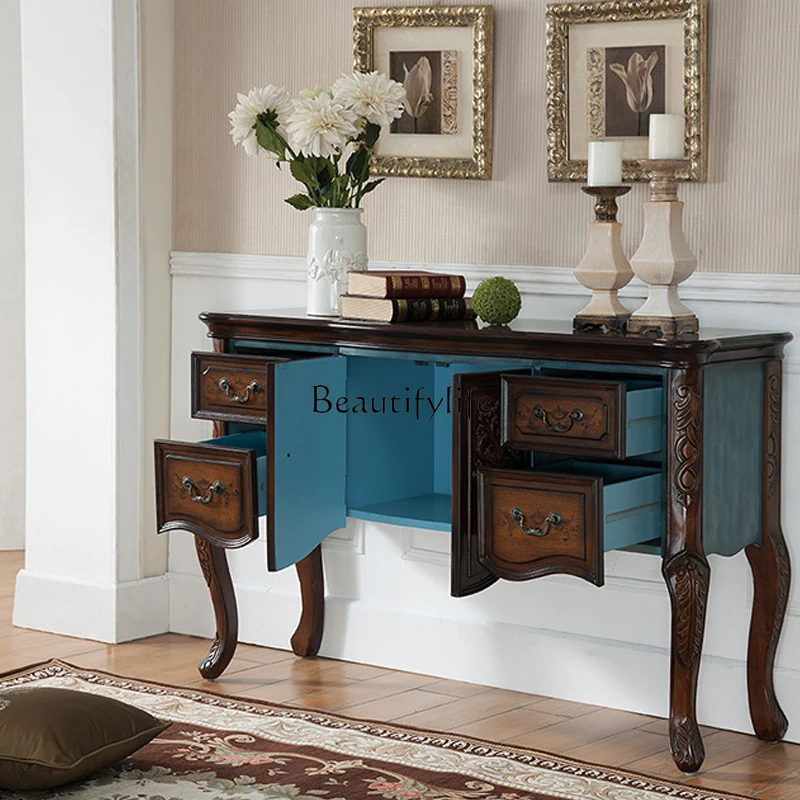 American Retro Sideboard Cabinet Solid Wood Console Multi-Functional Hallway Hall Cabinet Painted Console Tables