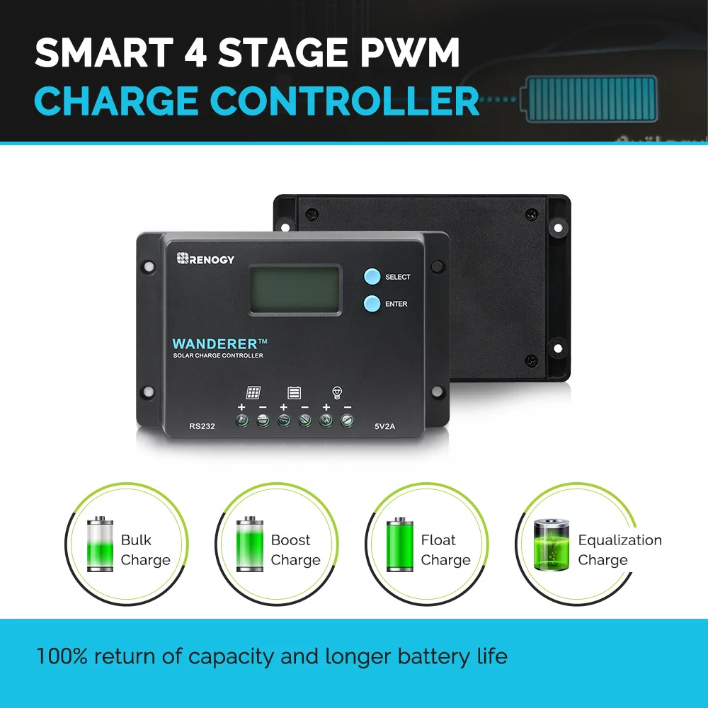 Renogy 10 Amp 12V/24V PWM Negative Ground Solar Charge Controller Compact Design w/LCD Display for AGM, Gel