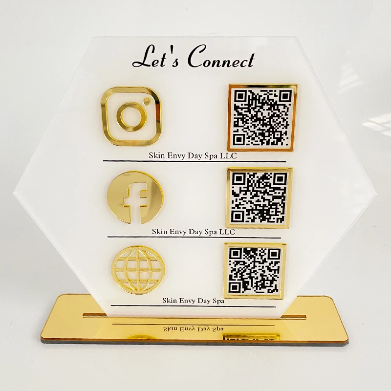 Customize 3 Codes Social Media Sign Business Opening Interior Decoration Acrylic Gold Icon With Base 6-Sided Diamond Plate