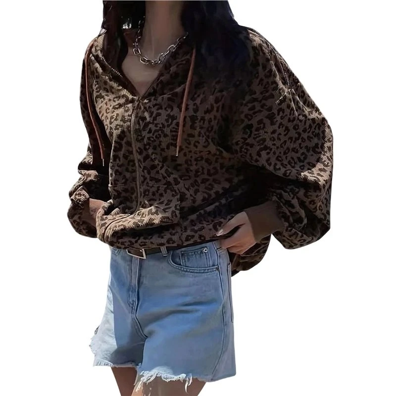 Women's Vintage Leopard Print Hooded Zip Up Loose Long Sleeve Cardigan Eco-Friendly