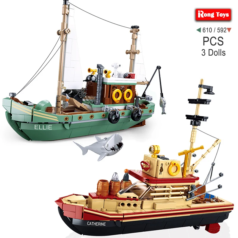 

Fishing Boat Building Blocks Ship Fisherman Figures Compatible Fishing Store White Shark Bricks Moc Diy Creative Toys Kids Gift