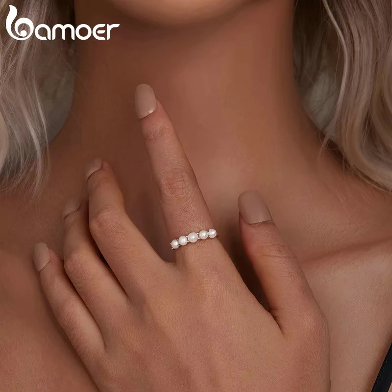 Bamoer 925 Sterling Silver High-quality Natural Pearl Finger Ring for Women Party Engagement Elegant Fine Jewelry Gift