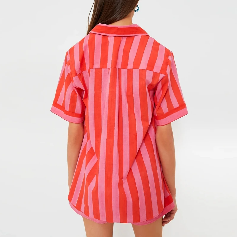 Stripe Print Short Sleeve Loose Blouse Shirt Tops + Shorts Sleepwear Outfits Women Pajamas Set 2 Pieces Loungewear Suits