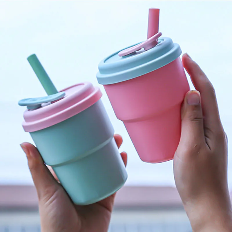 

D5 380Ml Water Bottle Kid Silicone Straw Drinking Cup Household Drinking Water Milk Cups Anti-Fall High Temperature Coffee Net