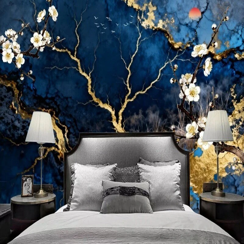 Modern high-end light luxury blue ink-infused gilded marble tile plum blossom TV luxurious home decoration background wall paper