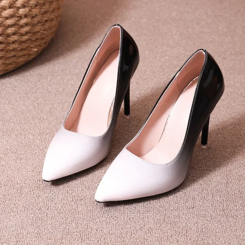 Fashion Gradient High Heels for Women's 10cm Sexy Fine Heel Pumps Party Plus Size 43 Pointed Toe Wed Shoes Patent Leather Dress