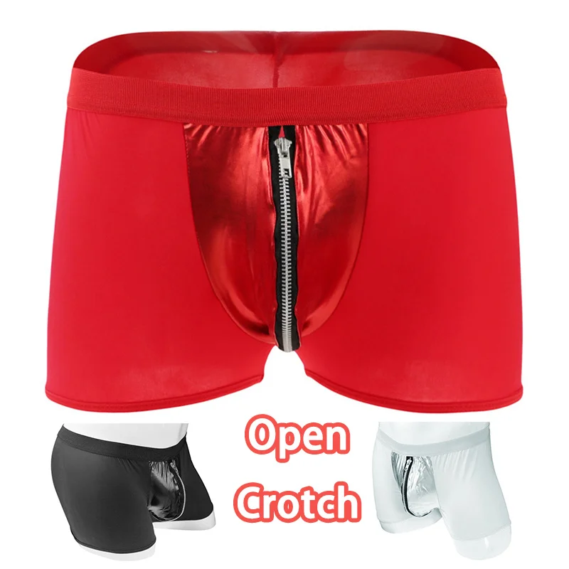 

Man Front Open Hole Boxers with Zipper Crotch Super Erotic Lingerie with Bulge Pouch Gay Dancewear Club Crotchless Underpants