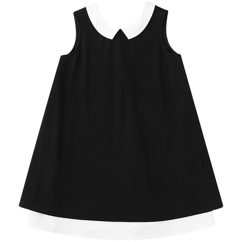 Kids Clothes Girl Summer Dress Sundress New Fake Two-piece Classic Contrast Color Lapel Little Black Dress Sleeveless Vest Skirt