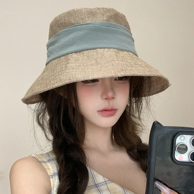 Women Wide Brim Cotton Linen Bucket Hat Back Split Design Contrast Color Band Breathable Uv Protection Summer Hat For Vacation