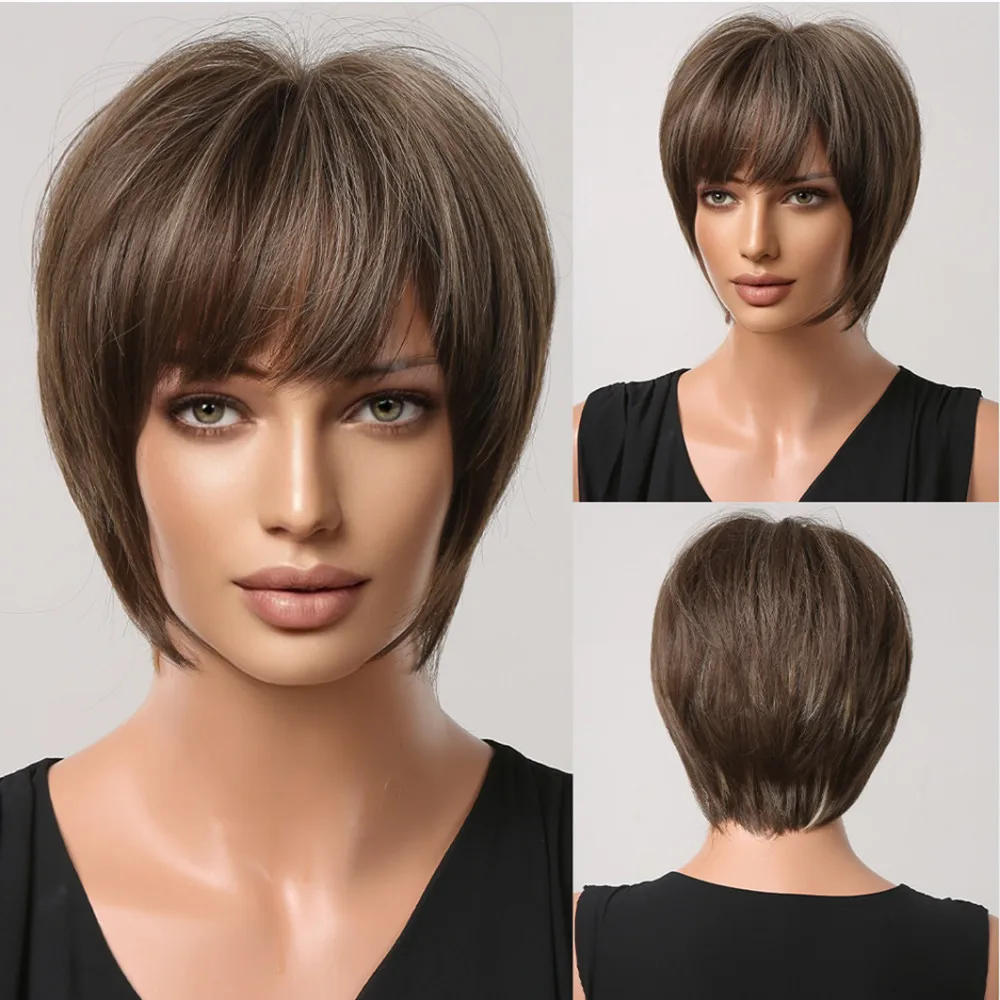 Short Brown Highlight Wig for Women, Pixie Cut