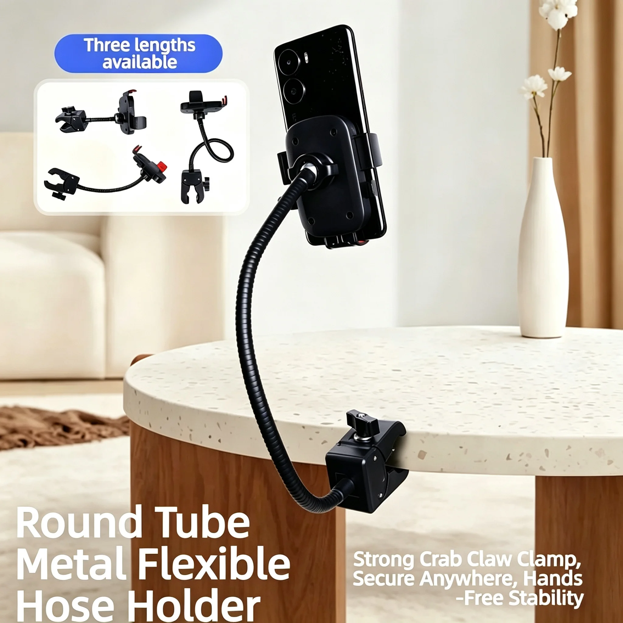 

Flexible Metal Hose Phone Mount Lazy Bedside Desk Clip Stand Universal Mobile Phone Holder with Strong Crab Clamp for Hands-Fr
