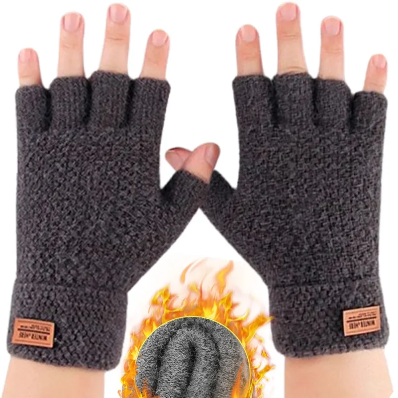 Guantes de punto para hombre, térmicos, gruesos, de fibra de Alpaca, sin dedos, a la moda, cómodos, para escritura, oficina y conducción, elásticos, de invierno