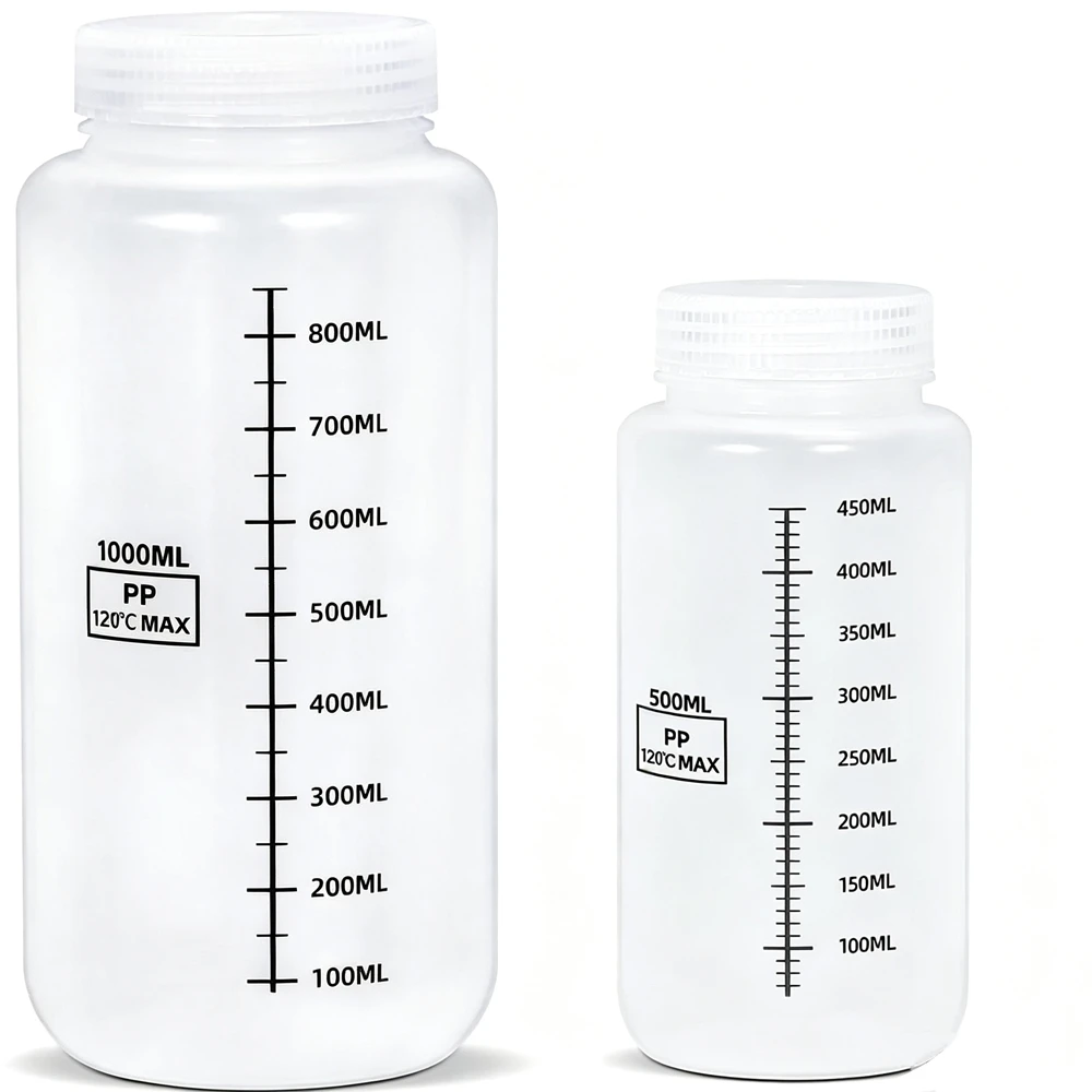 Set of 2 Wide Mouth Plastic Bottles with Lids PP Containers Jars 500ml 1000ml for Water Juice Liquid Storage Bottle