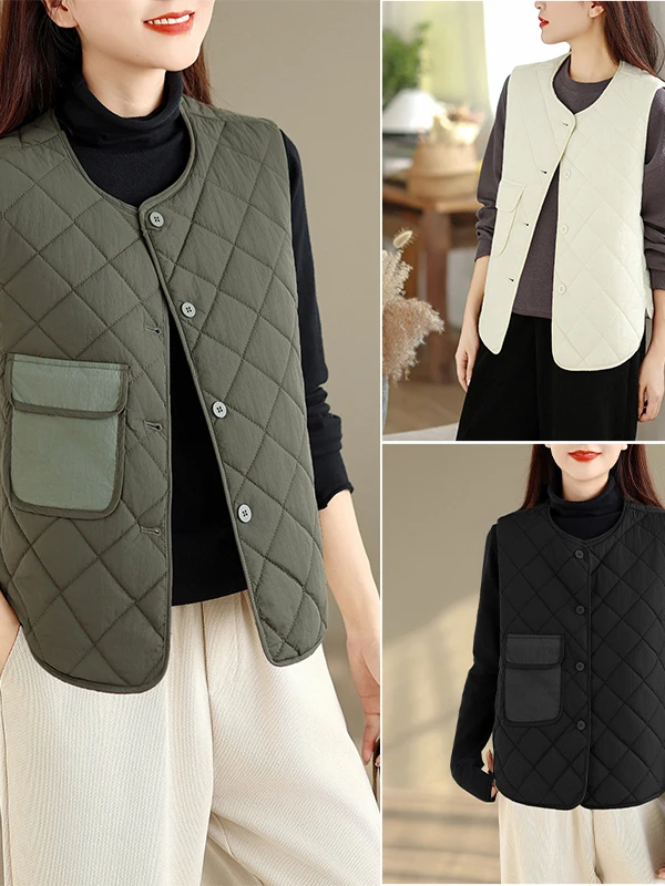 Dames casual lichtgewicht donskatoenen vest Svel jas verdikte polyestervezel ronde Ne enkele knoopsluiting