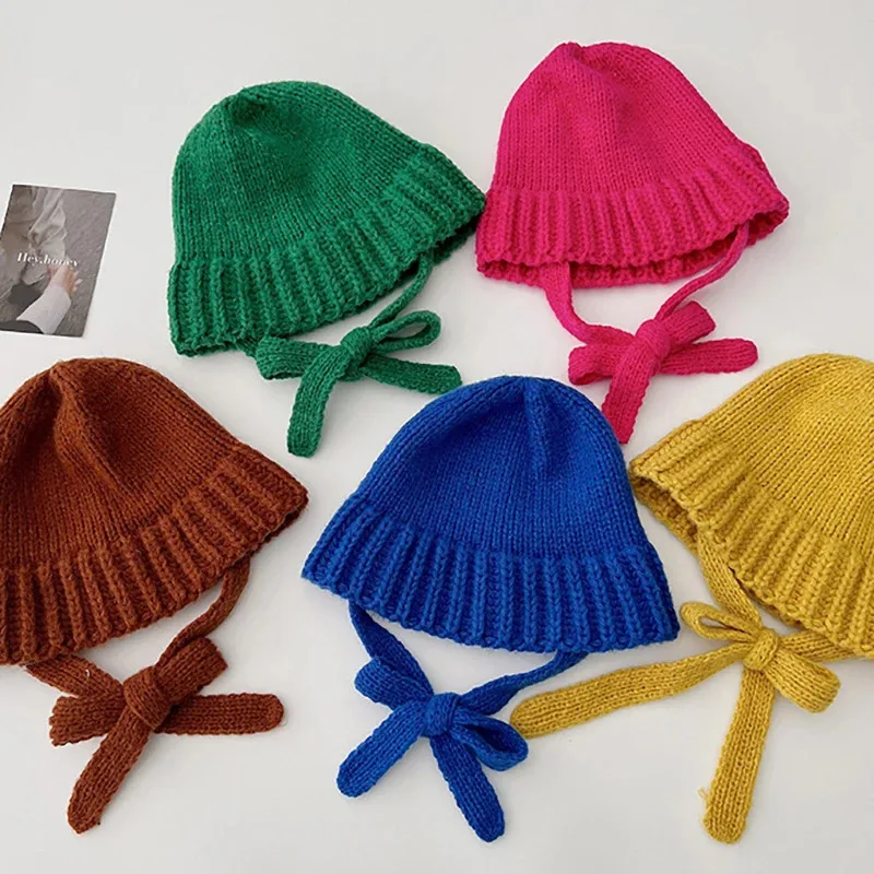 

Women Knitted Lacing Bucket Hat Solid Color Girl Ear Protection Cap Outdoor Warm Crochet Basin Hats