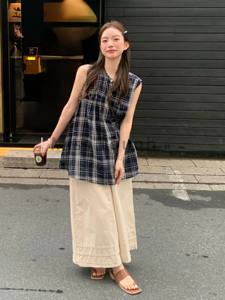 Japan Fashion Plaid Mid Length Shirts Women Summer New Loose Sweet Tops Streetwear Cute All Match Design Sense Sleeveless Top