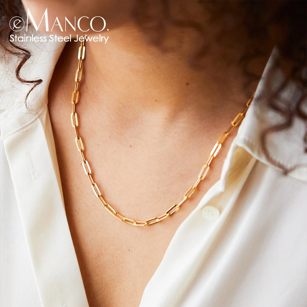 eManco Paperclip Link Chain Women Necklace Stainless Steel  Gold Color Chain Necklace For Women Men Jewelry Hot wholesale