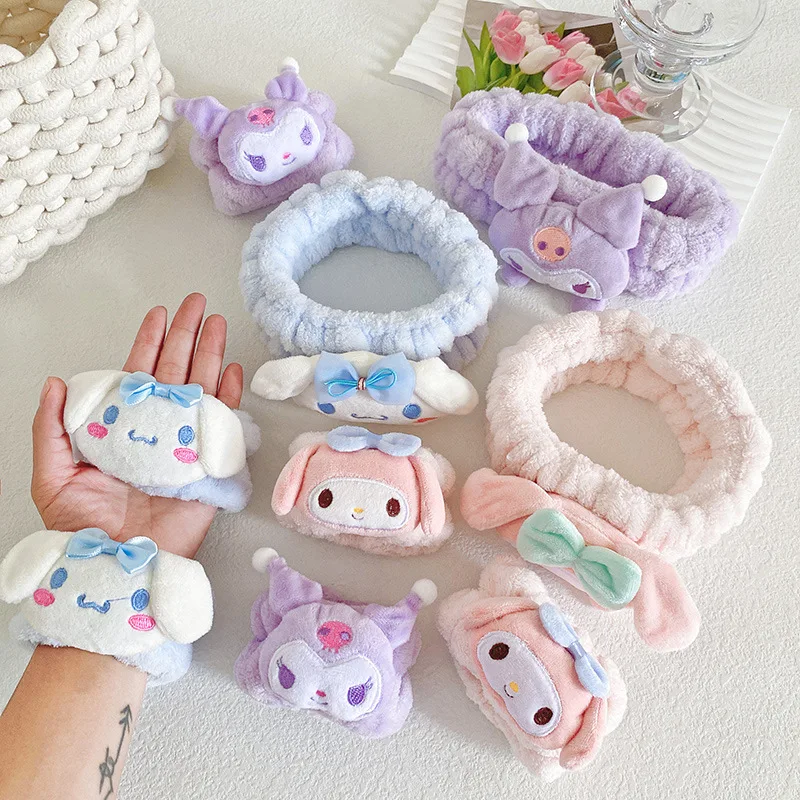 

3PCS Sanrio Anime Kuromi Washing Headband Set Wristbands Scrunchies Spa Bubble Headband for Washing Face Makeup Shower Skincare
