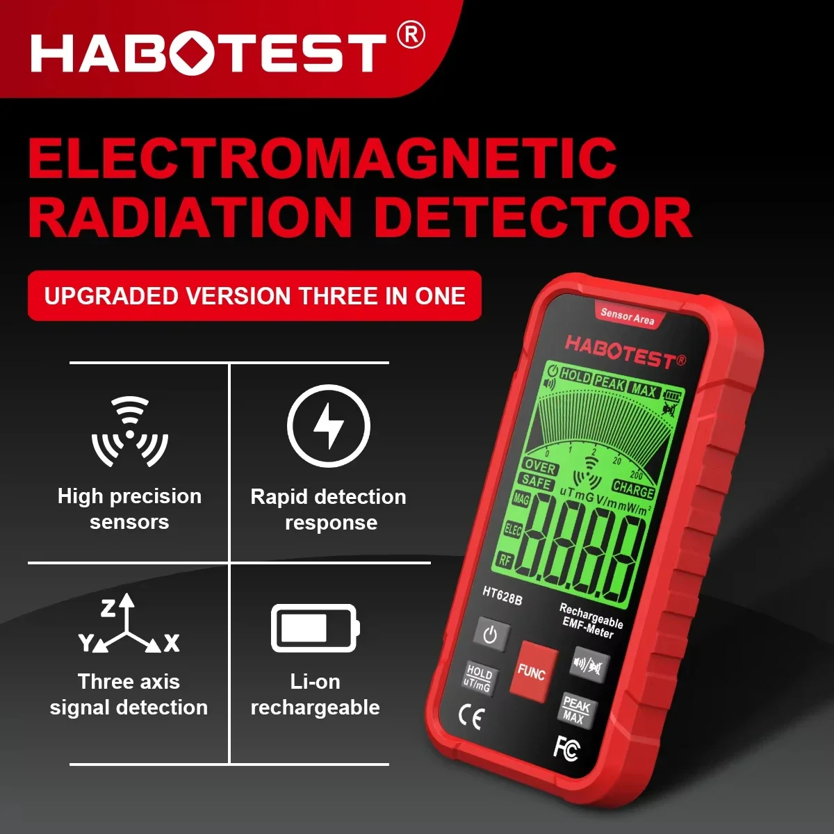 HABOTEST HT628 EMF متر اختبار الإشعاع الكهرومغناطيسي المجال الكهربائي المجال المغناطيسي RF كاشف تردد الراديو الإشعاع #2