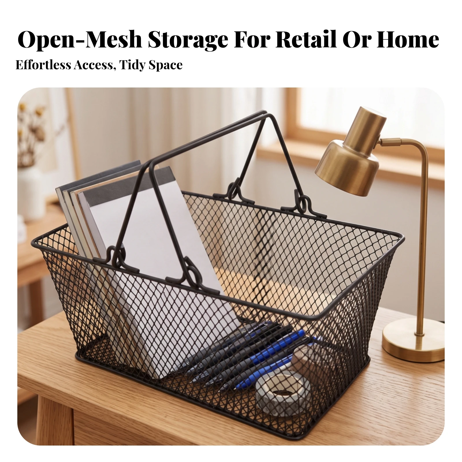 Wire Shopping Basket with Handles Sturdy Shopping Basket with Handle Mesh Portable for Retailers, Supermarket, Convenience Store