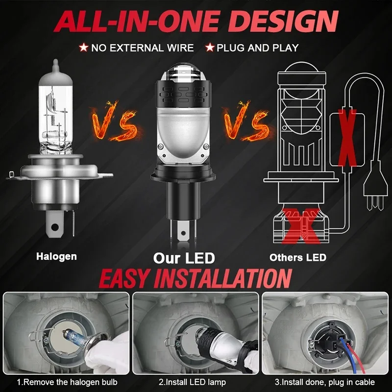 H4 LED Canbus Headlight Bulb 1:1 Mini Bi LED Projector Lens 3000K 4300K 6000K High Power Hi/Low Beam Super Bright Moto Headlamp