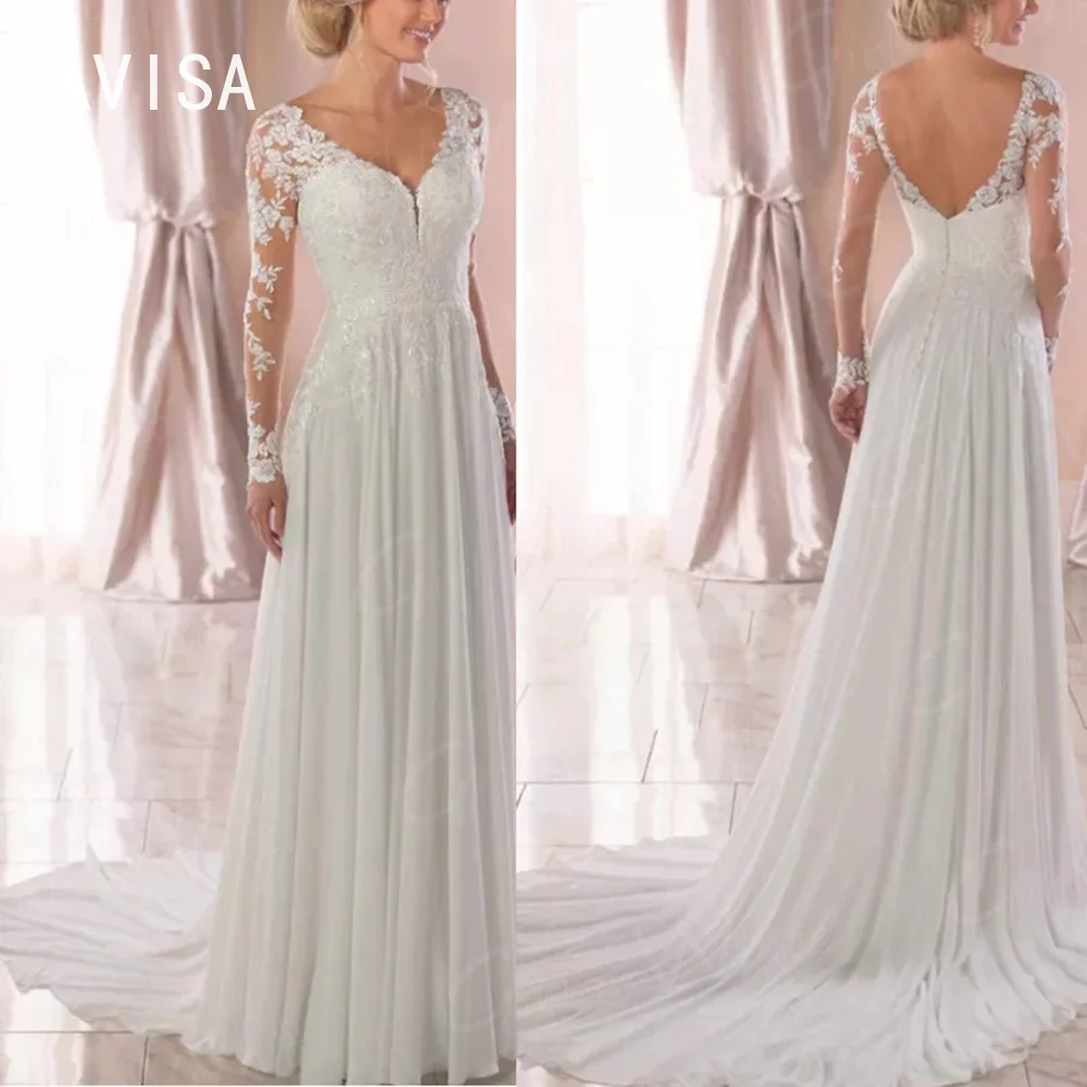 Neue romantische Illusion A-Linie Brautkleider lange Ärmel Braut Robe V-Ausschnitt Chiffon Spitze Brautkleider rücken frei Vestidos de Novia