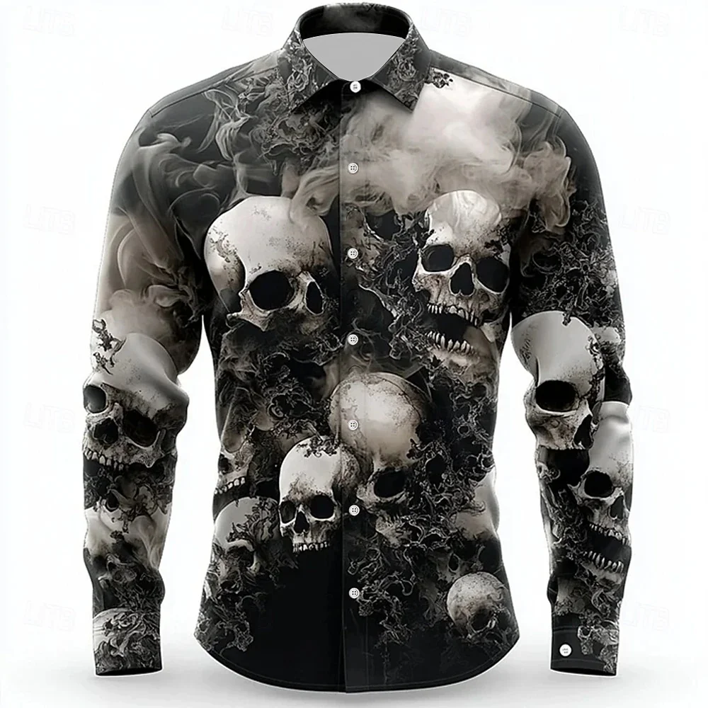 

Men's skull print shirt, classic Halloween party shirt, long sleeved lapel button up shirt, designer designed comfortable top