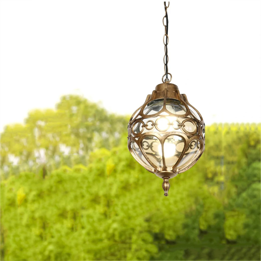 Mengjay Waterproof Outdoor Garden LED Light Glass Bronze Vintage Pendant Lamp Balcony Simple Hallway Entrance Hanging Fixture