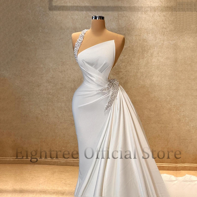 Eightree White Mermaid Wedding Dresses Women One Shoulder Satin Beadings Bridal Dress Boho Beach Wedding Prom Gowns Custom Size