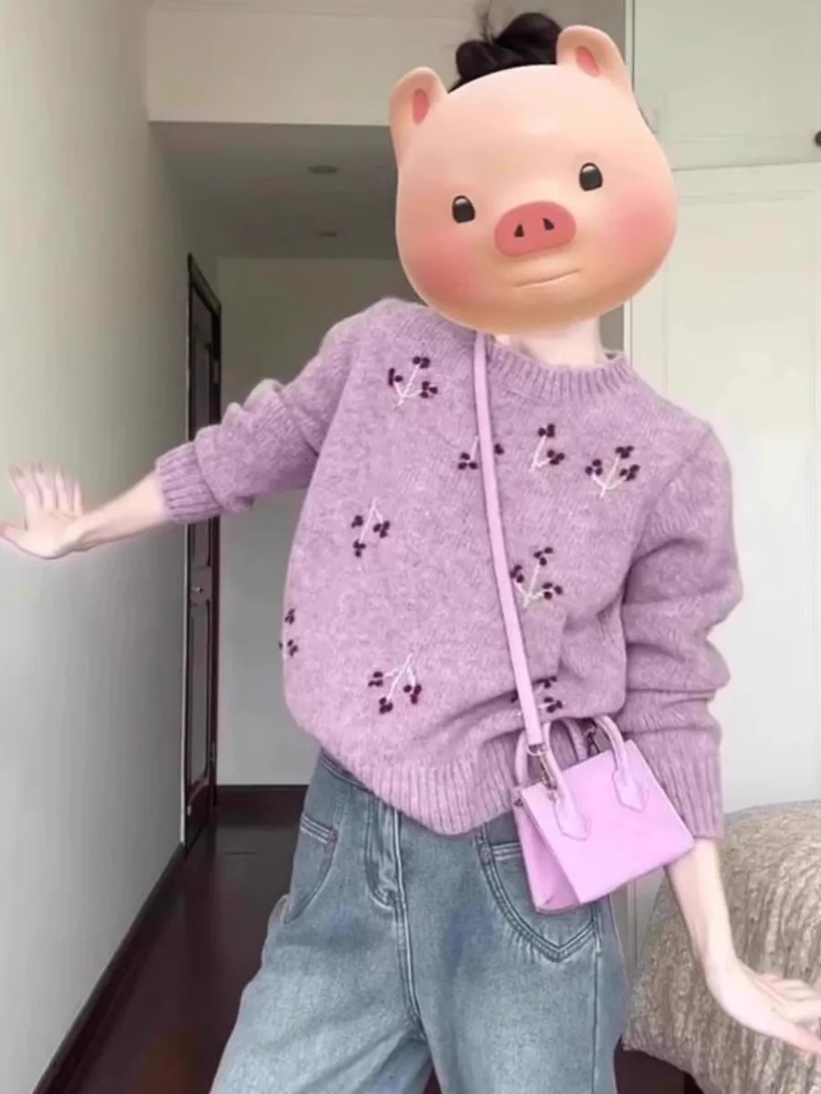 

Корейский вязаный свитер Laid-ba в стиле ретро с круглым вырезом и длинными рукавами для женщин, осенне-зимний, новый дизайн, с вышивкой, маленький размер, топ