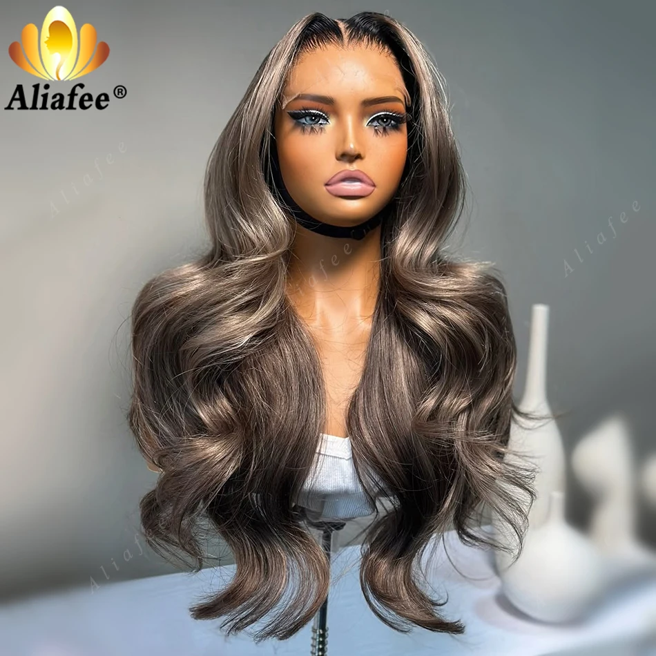 

Hot Sale Dark Shadow Root Ombre Mushroom Ash Brown Body Wave Natural Transition Wig 13x6 Transparent Lace Frontal Human Hair Wig