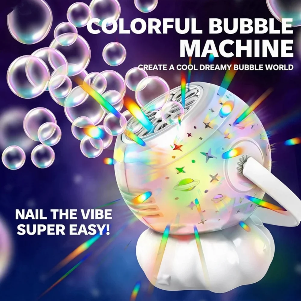 Color Light Galaxy Projection Automatic Bubble Machine, Portable Kids Bubble Blowing Toy Atmosphere Lamp, Outdoor Party Game