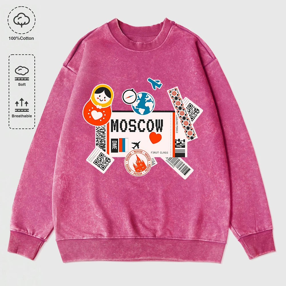 Moscow Russia Travel Prints Washed Sweatshirts Women Cotton Hoodie Street Oversized Warm Pullover Casual Crewneck Womans Clothes