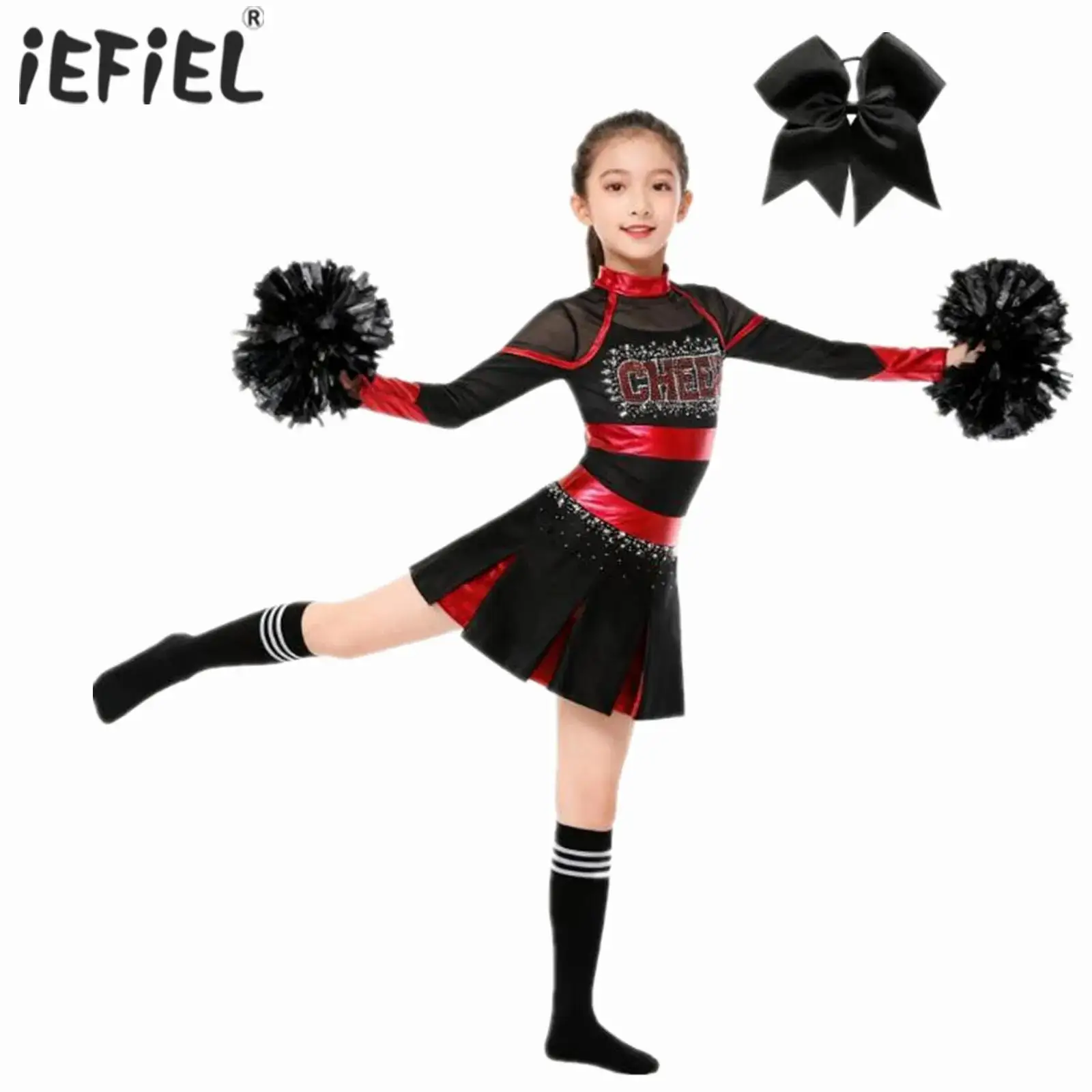 

Kids Girls Cheerleading ballet Dance Cheerleader Costume Glittery Rhinestones Letter Pattern Metallic Long Sleeve Pleated Dress